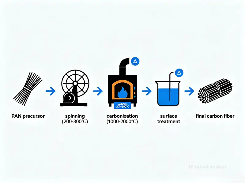 carbon fiber manufacturing process PAN precursor oxidation carbonization diagram